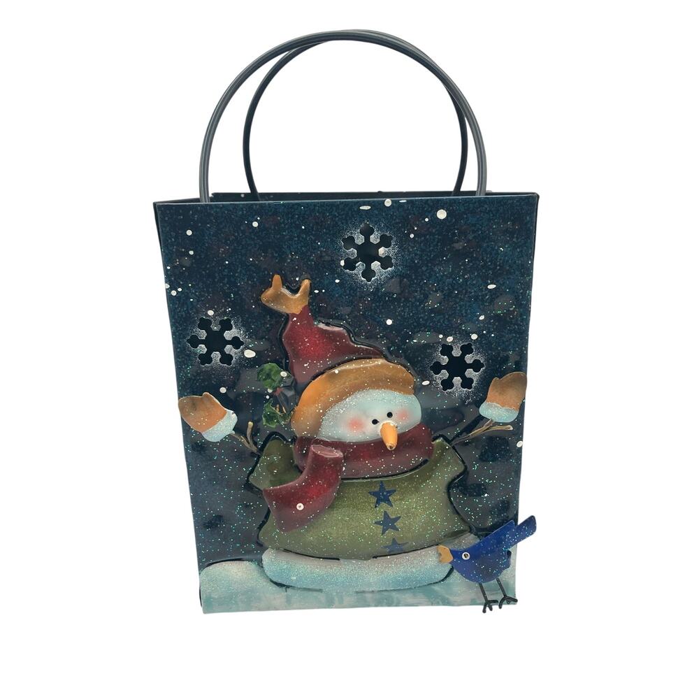 Metal Candle/Tea Light Holder Shopping Bag Snow Man - Snow Flakes 9" Tall